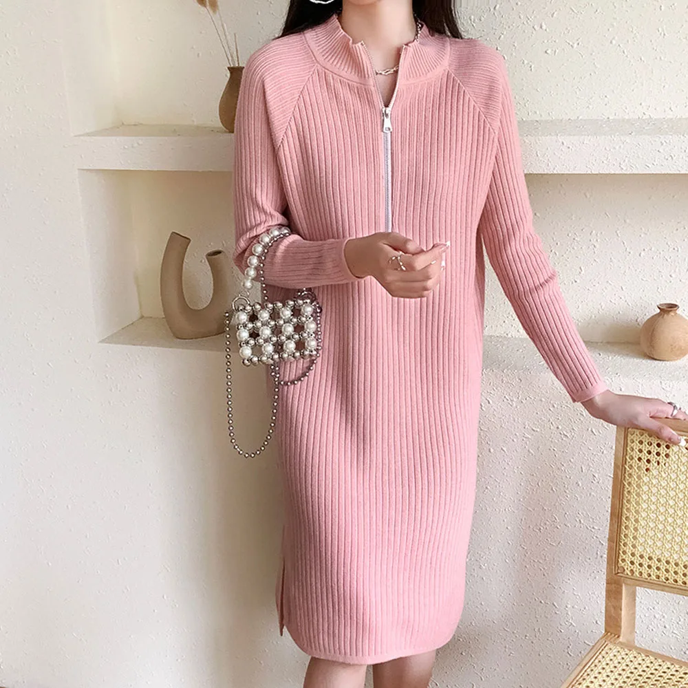 

Women's Winter Clothes Knit Knitwear Long Sweater Dress Zipper Side Slit Pullovers Streetwear Thick Dress For Women