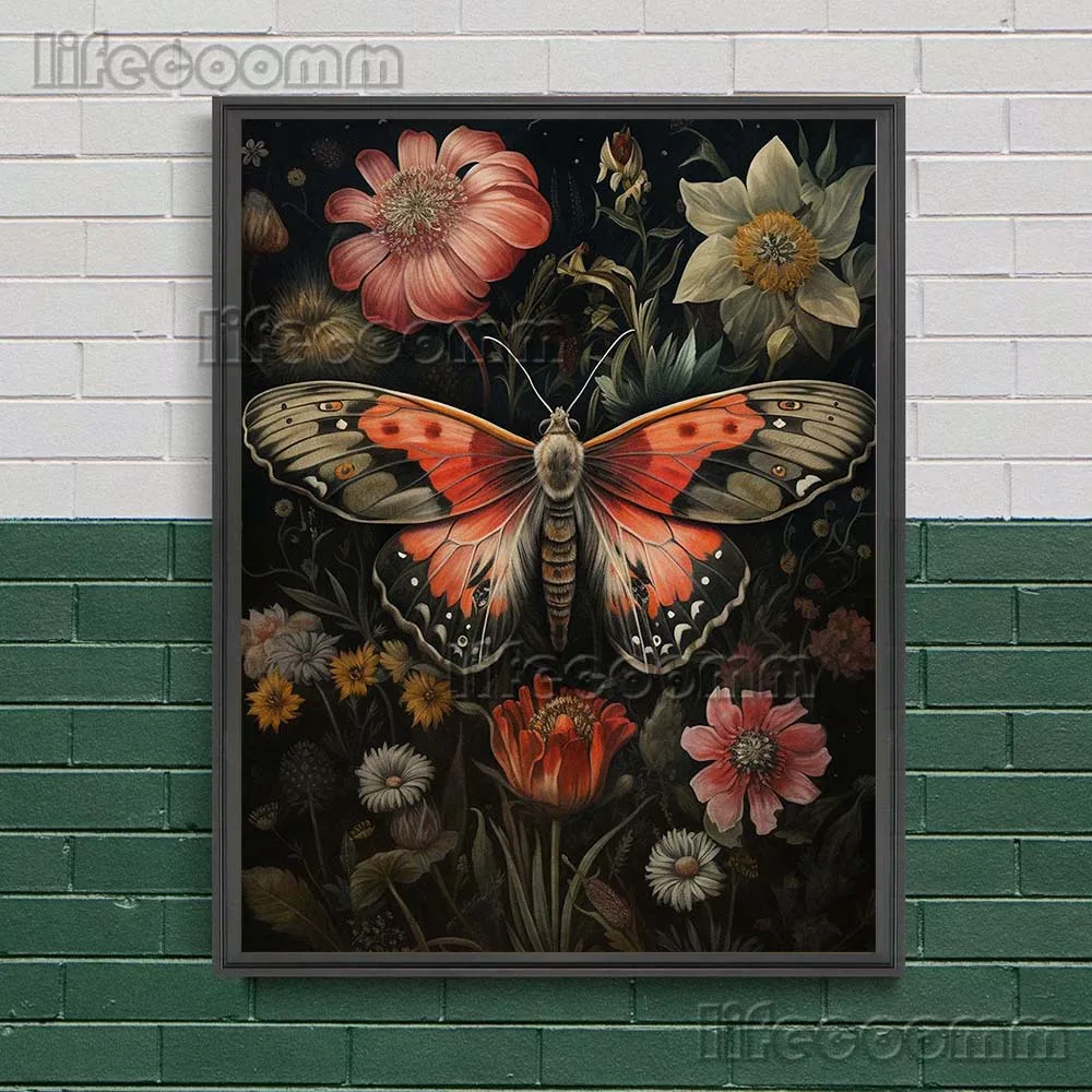 Woodland Dark-Blue Moth And Butterfly Vintage Wall Art Canvas Print Goblincore Floral Dark Academia Art Poster Print Decoration