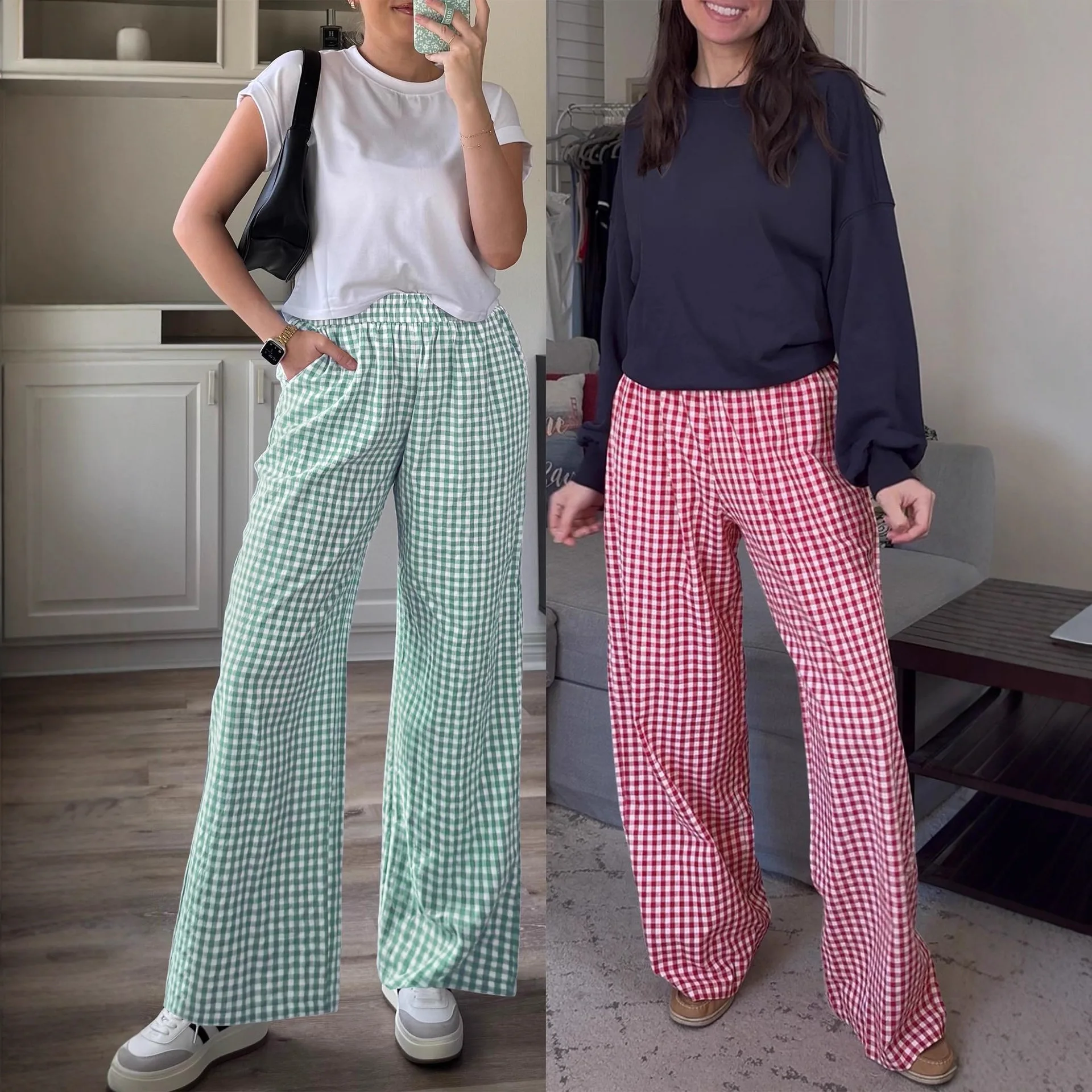 2026 Summer Women's Pants Fashion Checkered Printed Loose Wide Leg Pants High Waisted Pocket Casual Palazzo Trousers Pantalones