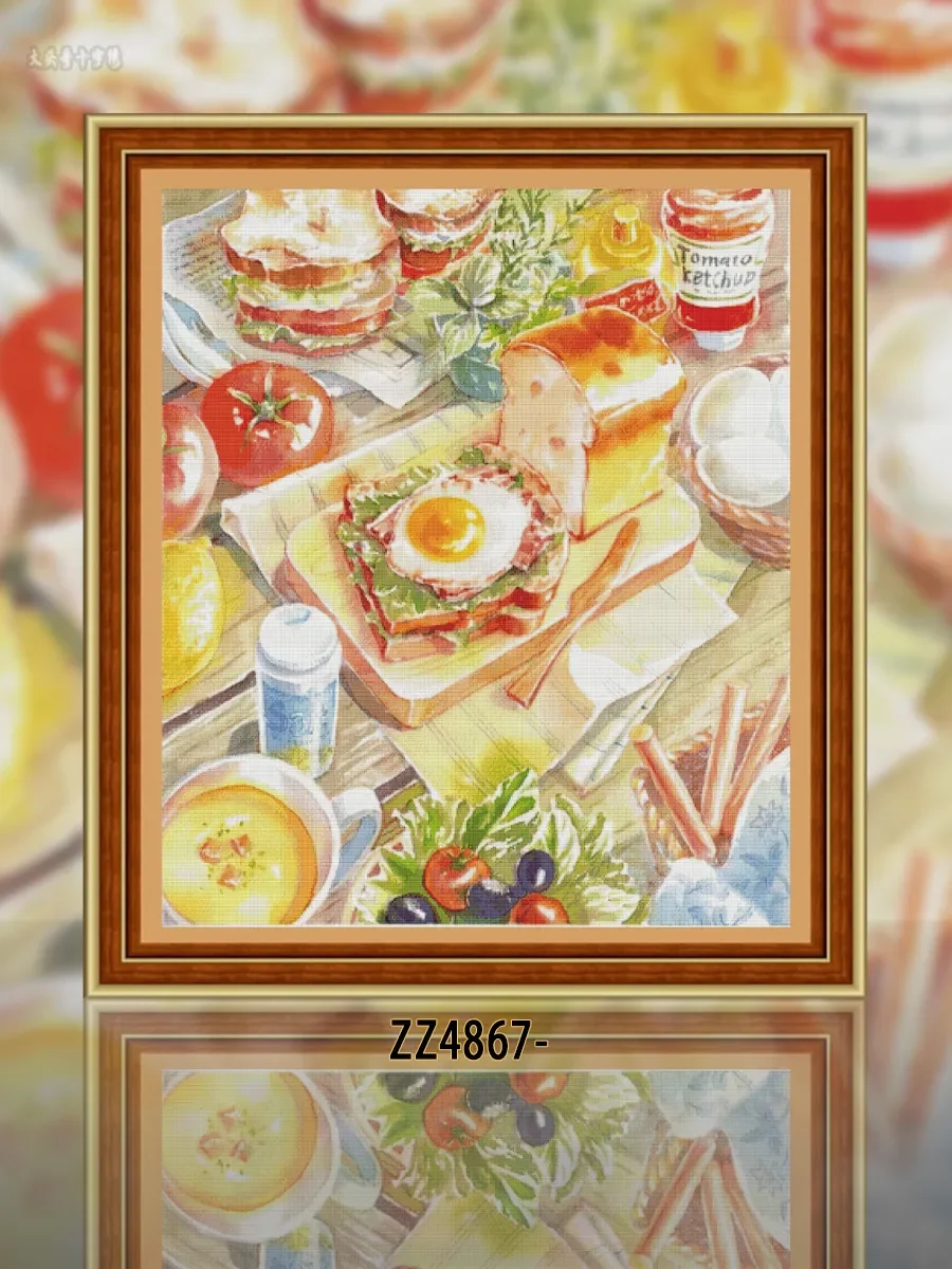 [ZZ4867-Breakfast] DIY Cross Stitch Needlework Kit 14CT 16CT, Cotton Thread Set, Printed Fabric for Hand Stitching