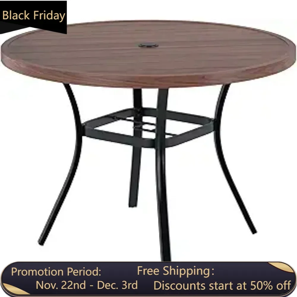 Circular terrace dining table, 42 inch metal outdoor dining table with umbrella hole, walnut wood