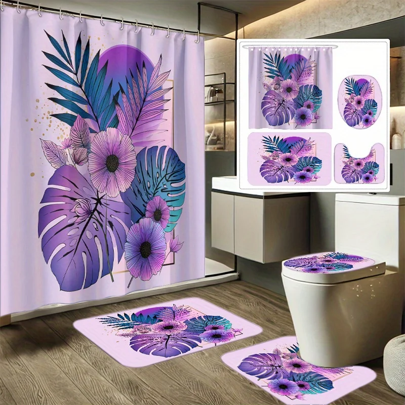 

4pcs Dreamy Floral Leaf Print Shower Curtain Set, Bathroom Decor Kit Includes Shower Liner, Non-Slip Mat, Toilet Cover