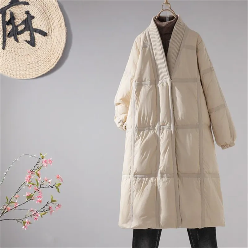 2024 Autumn Winter Women Warm Thick White Duck Down Jacket Parkas V Neck Long Oversize Down Coat Ladies Loose Puffer Outwears