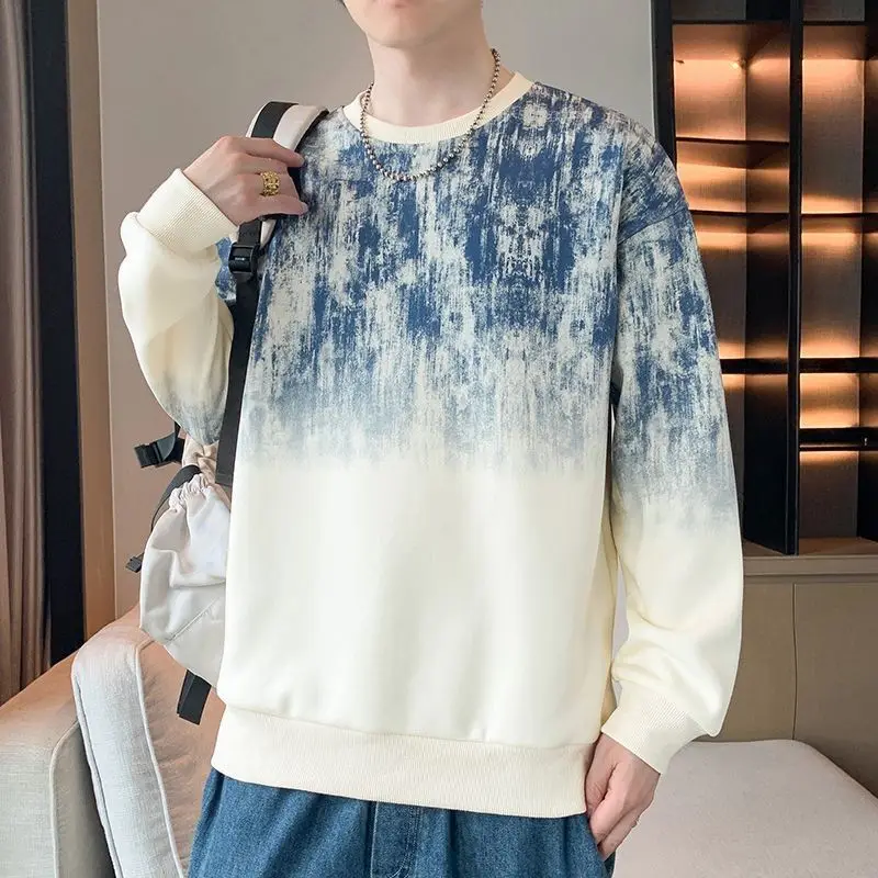 

3D Tie Dye Print Men's Round Neck Sweatshirt Simple Design Solid Long Sleeve Pullover Autumn Winter Oversize Comfortable Clothes
