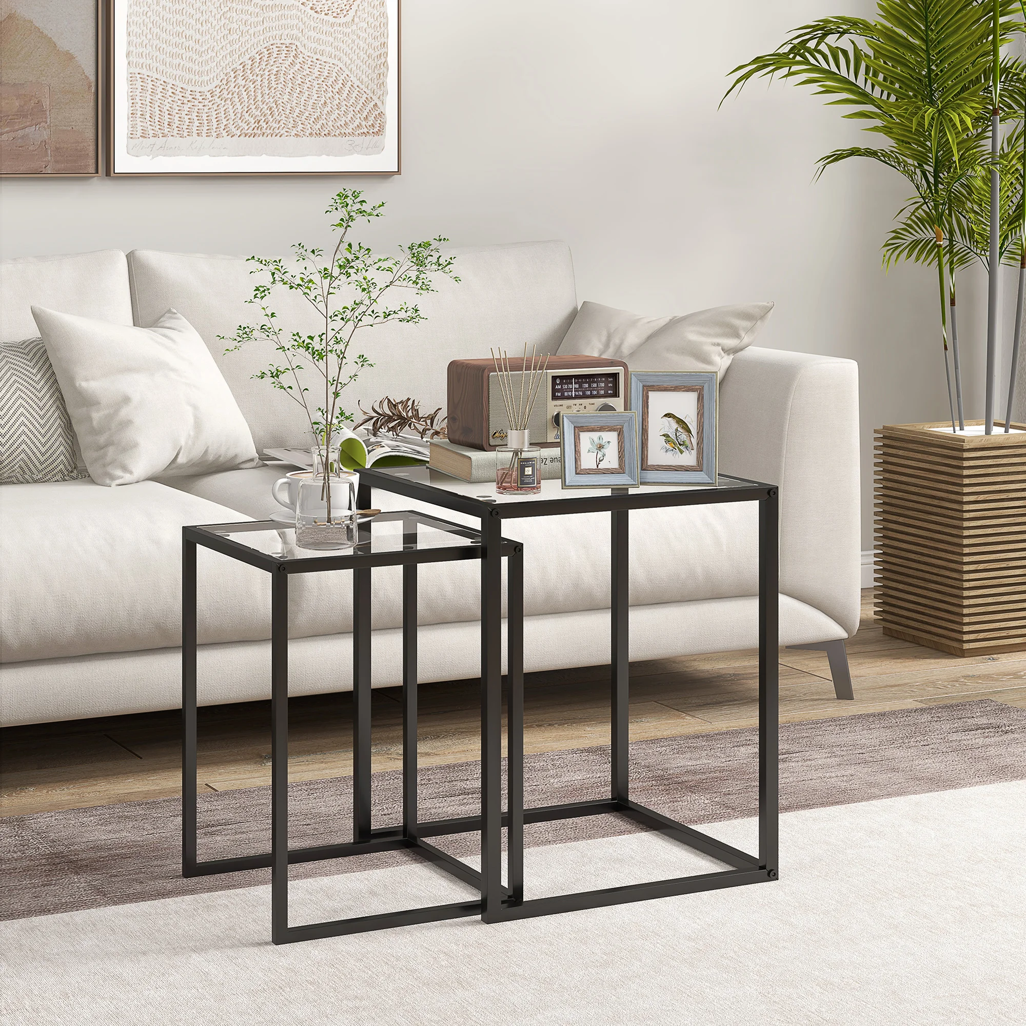 HOMCOM Conjunto de 2 Mesas Auxiliares 33x33x45,5 cm y 42x42x51 cm Negro