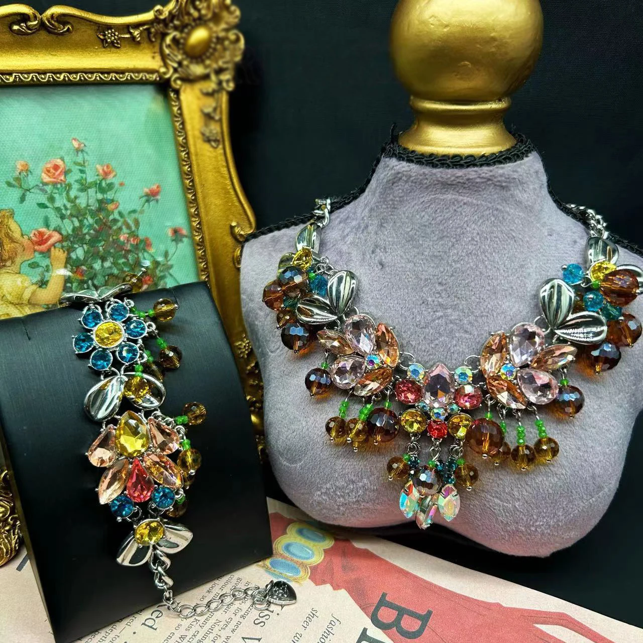 

Vintage Women's Jewelry for Girls Colorful Crystal Necklace Earrings Wedding Evening Dress Accessories Gift Luxury Party Show