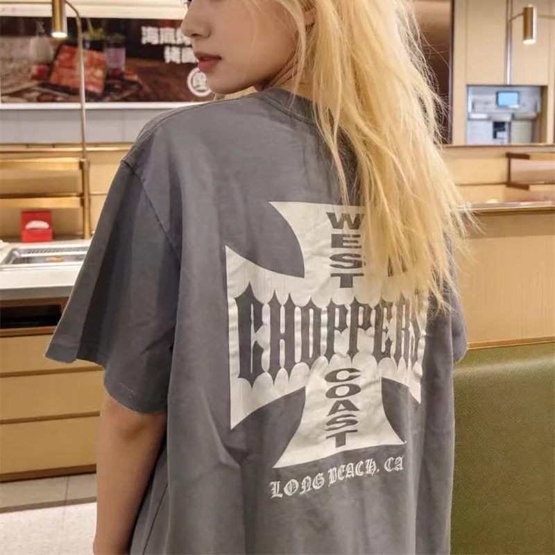 

26FW High Street Red Patterned Print T-Shirt West Coast Choppers Vintage Washed Black Top Men's Women's Oversized T Shirt