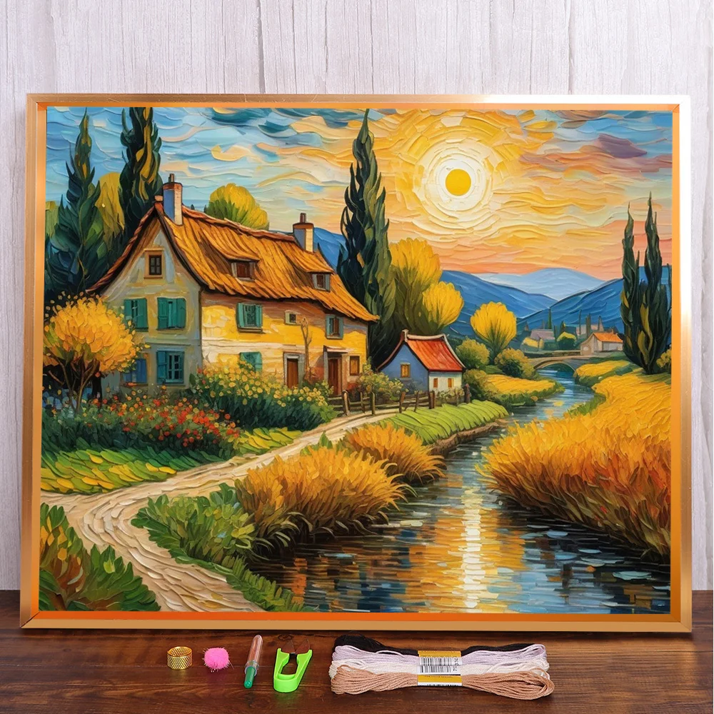 Landscape House By River Printed Cross Stitch Kit DIY Embroidery Craft Handicraft Sewing Painting Promotions Design Home Decor