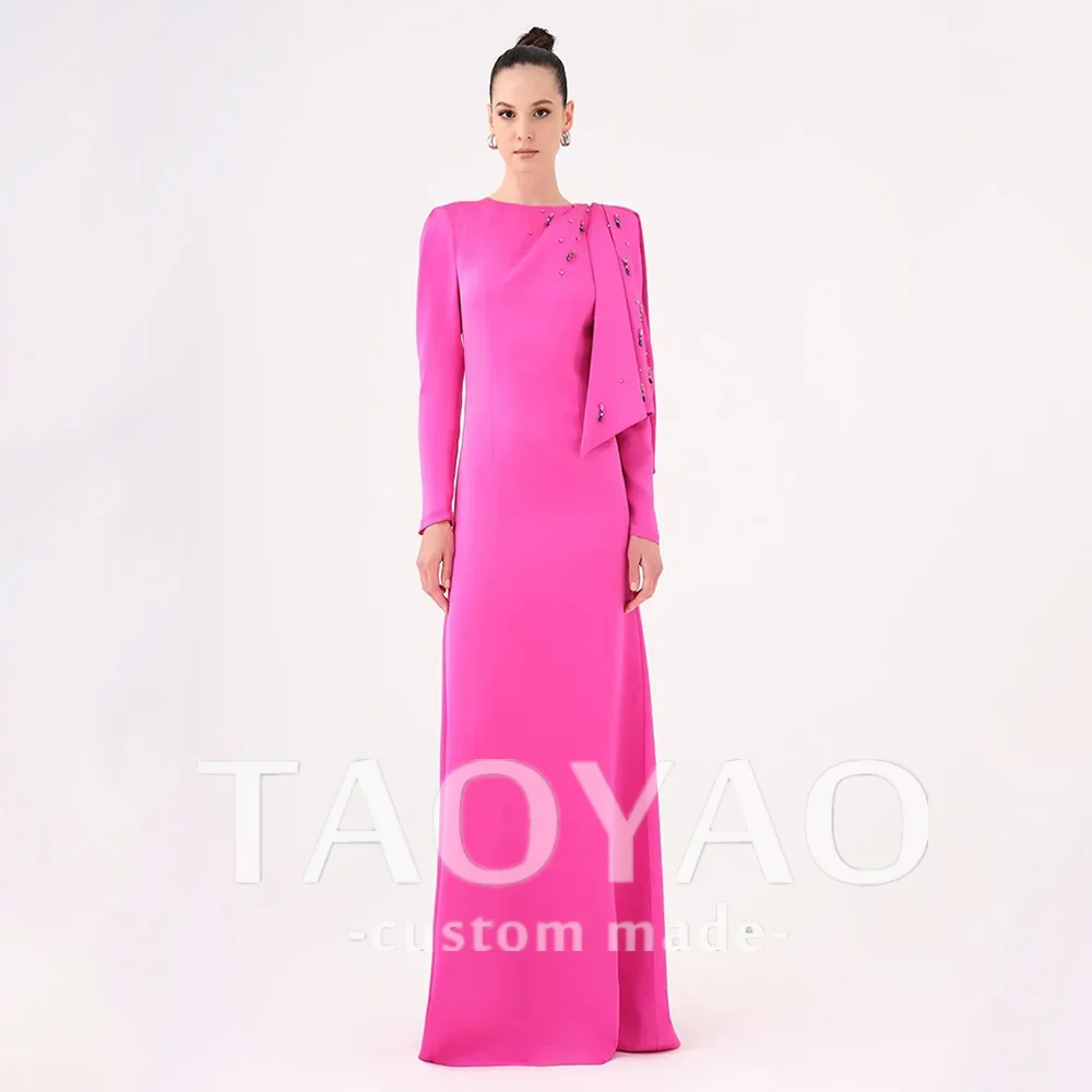 

Prom Dress Saudi Arabian Party Dresses O-Neck Customized Long Sleeves 2025 Beading Satin Formal Evening Gown Robe De Soiree
