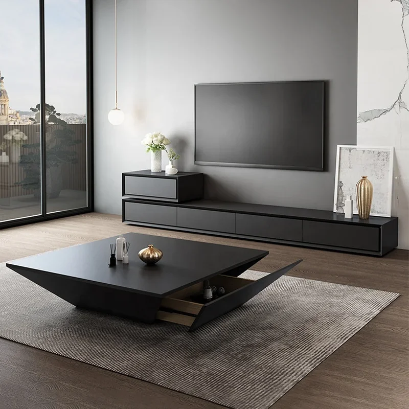 Coffee Table and TV Cabinet Combination Set with Drawers Square Coffee Table Living Room Furniture Nordic Light Luxury 1 Piece