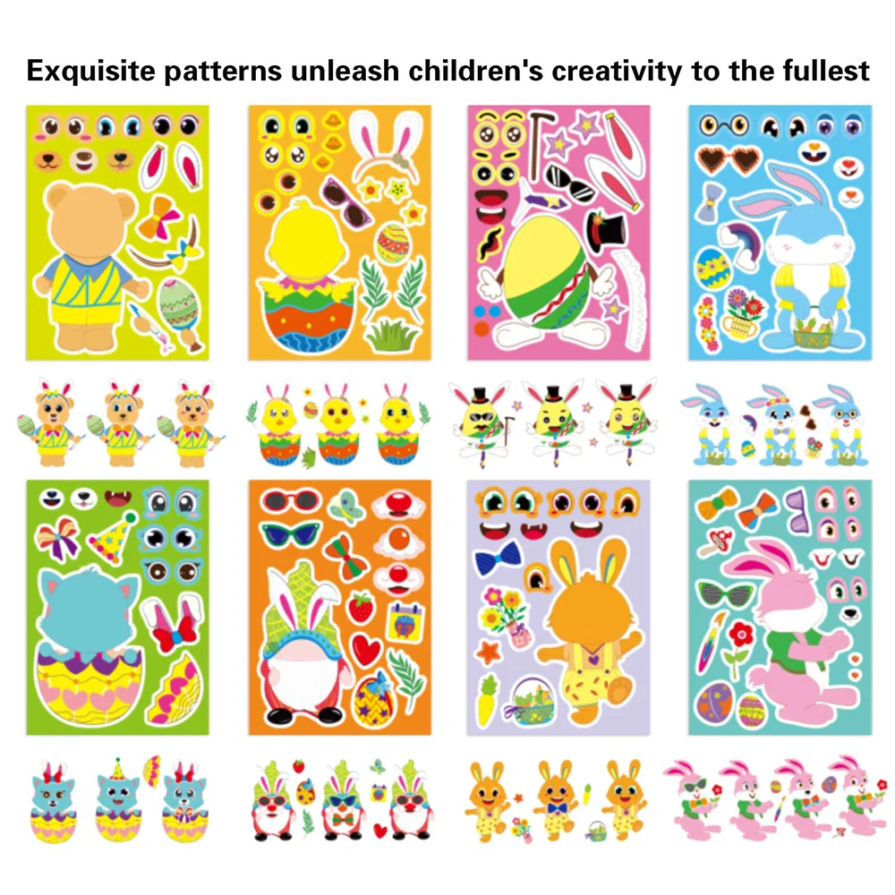 

8/16sheets Cute Cartoon Easter Bunny Rabbit Puzzle Stickers Make a Face DIY Assemble Jigsaw Decals Festive Party Decoration Gift