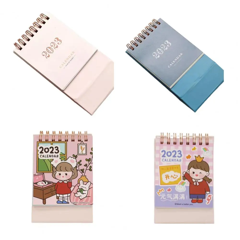 Bureau Kalender Cartoon Ontwerp Delicate Patroon Dubbele Ring Pagina Draaien Met Kartonnen Basis Time Management Mini 2023 Staande