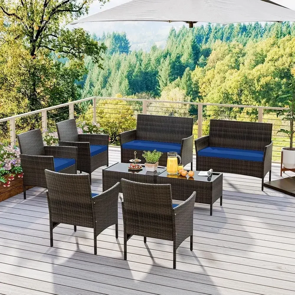 8-Piece Outdoor Rattan Patio Furniture Set with Loveseat Chairs and Tempered Glass Coffee Table, Ideal for Backyard, Garden, or
