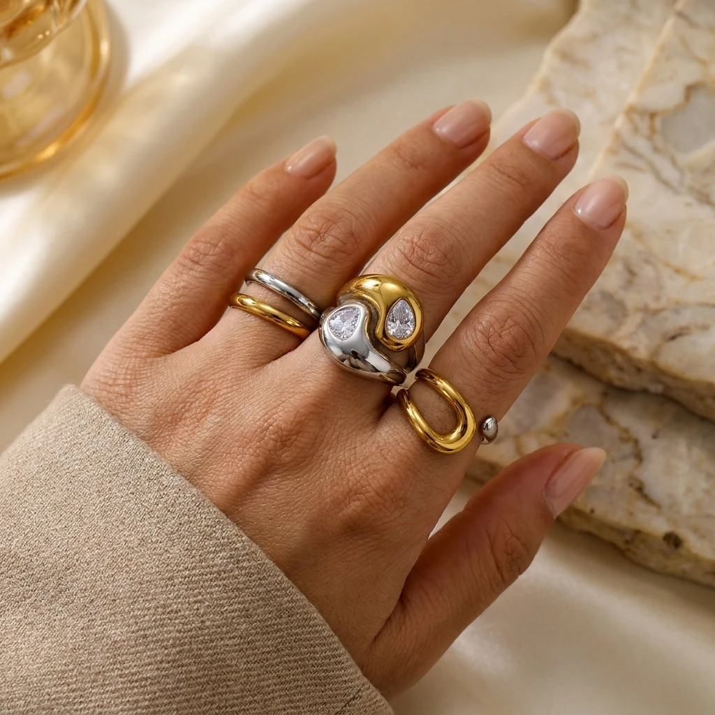 3-teiliges Minimalistisches Zweifarbiges Geometrisches Ringset aus Edelstahl mit Kubischem Zirkonia, Stapelbare Statement-Ringe für Frauen, Tägliches Tragen – Detail 4