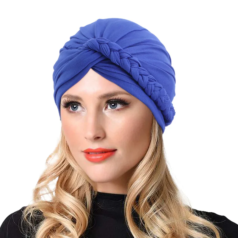 

Solid Color Turban Hijab Caps With Braid Decor Ear Protection Chemo Hats Boho Hat For Ramadan Muslim Inner Hijabs Bonnet