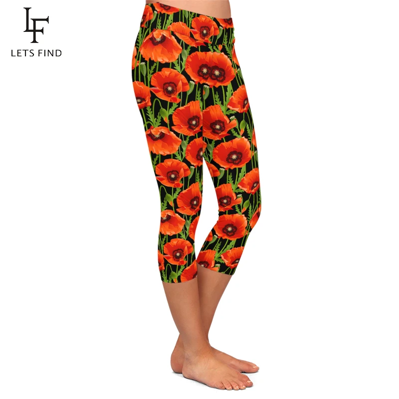 LETSFIND Summer New 3D Beautiful Poppies Print Capri Leggings High Waist Soft Fitness Mid-Calf Stretch Leggings