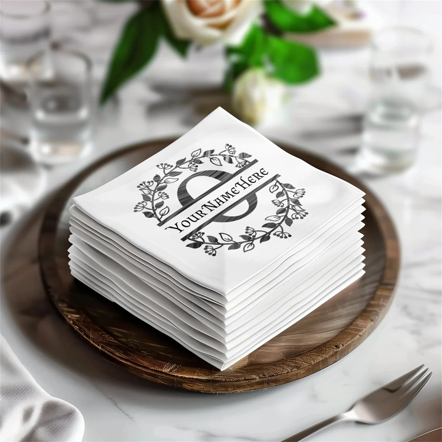 50 PCS Customized O Black and White Floral Wreath Monogram Napkins, Elegant Party Supplies, Cocktail and Luncheon Sizes Availabl