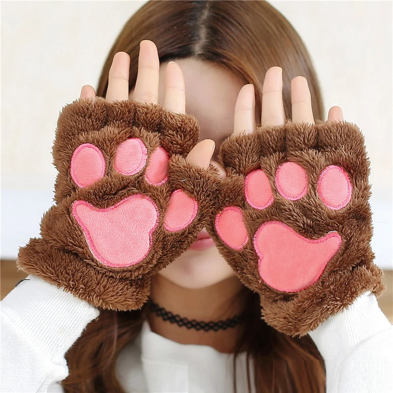 Plush Cat Paw Gloves for Women Girls Cute Soft Velvet Fingerless Bear Gloves Gifts Winter Fluffy Warm Claw Half Fingers Gloves