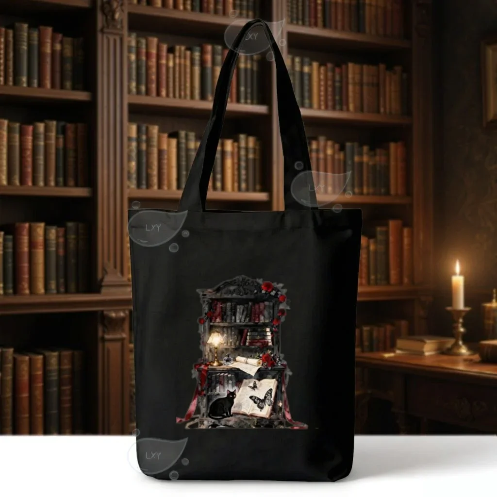 Eco Canvas Tote Bag Dark Academia Bookshelf Black Cat Art Print Single Shoulder Handbag For Grocery