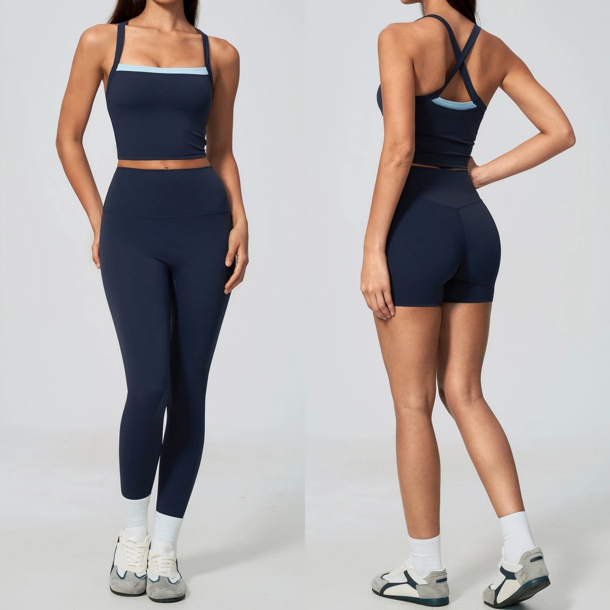 2Pcs Women Workout Set Criss Cross Back Contrast Trim sports vest High Waist Leggings Shorts Gym Suit Fitness Pilates Yoga Set