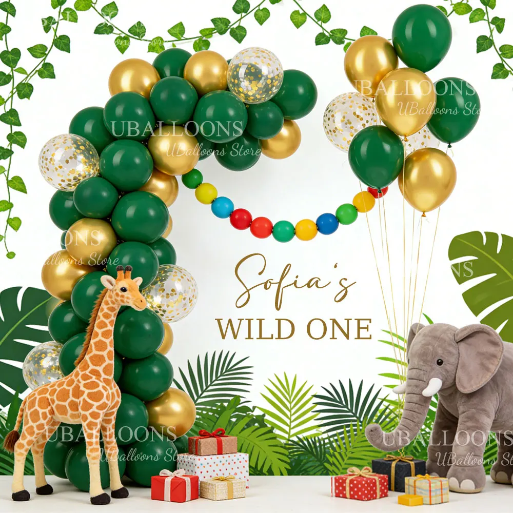 30pcs Gold Green Balloons 10'' Chrome Gold Confetti Dark Green Balloons for Birthday Wedding Safari Wild One Baby Shower Decor view 6