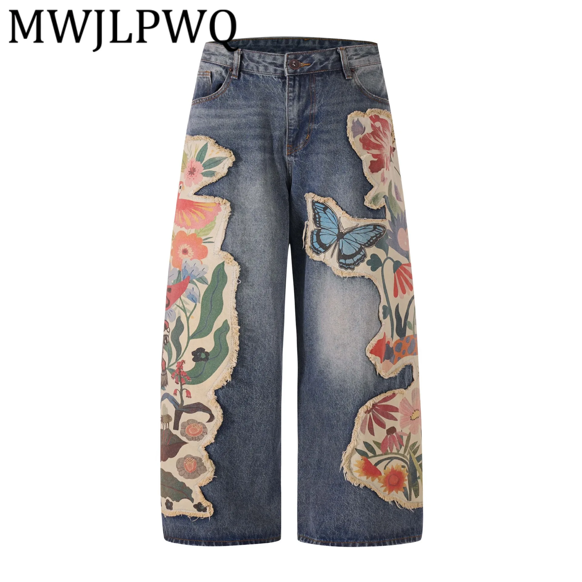 

MWJLPWQ модные нишевые высококачественные джинсы в стиле пэчворк с принтом для мужчин, уличные новые свободные прямые брюки с тяжелой вышивкой, новинка 12302