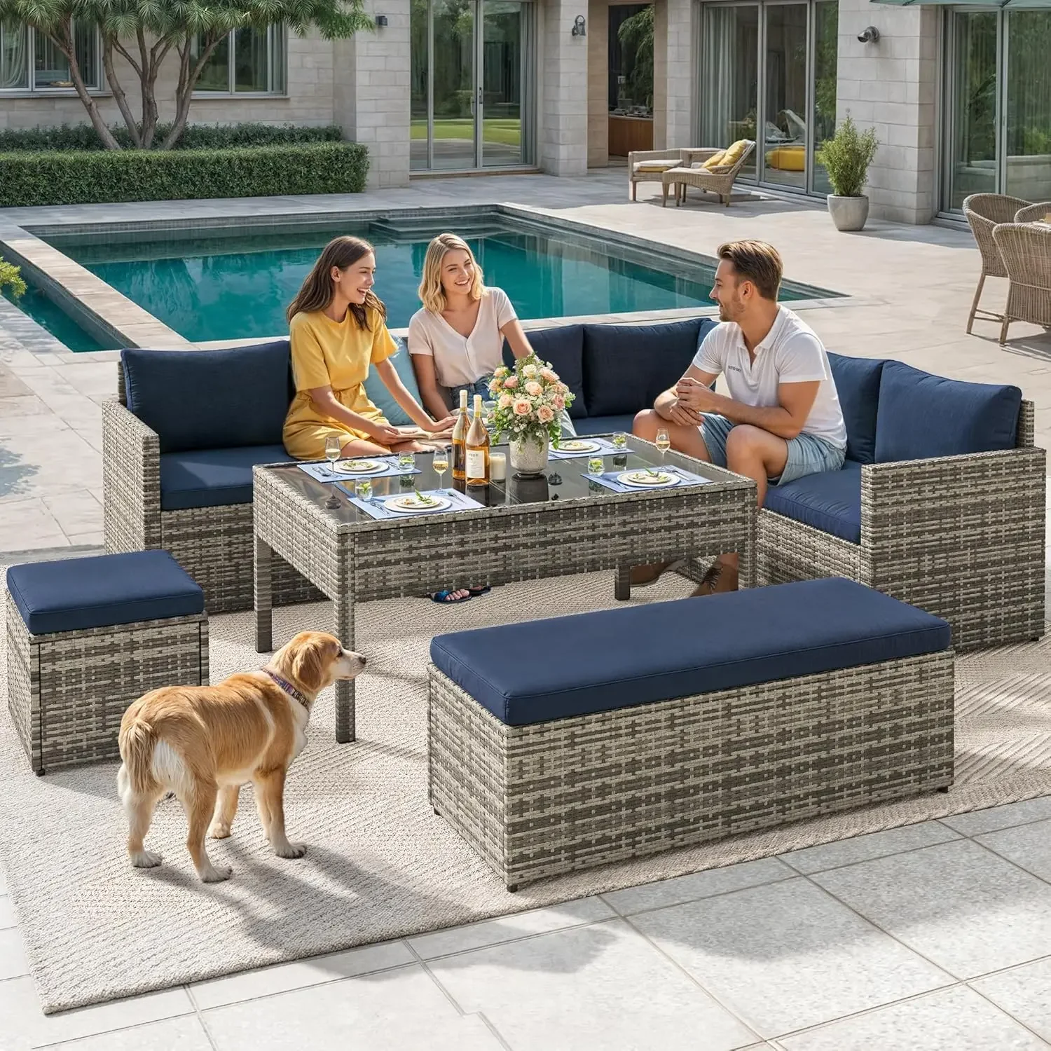 L-Shaped Patio Furniture Set All Weather Wicker Outdoor Sectional Sofa Conversation Set with Dining Table and Ottoman, Navy Blue