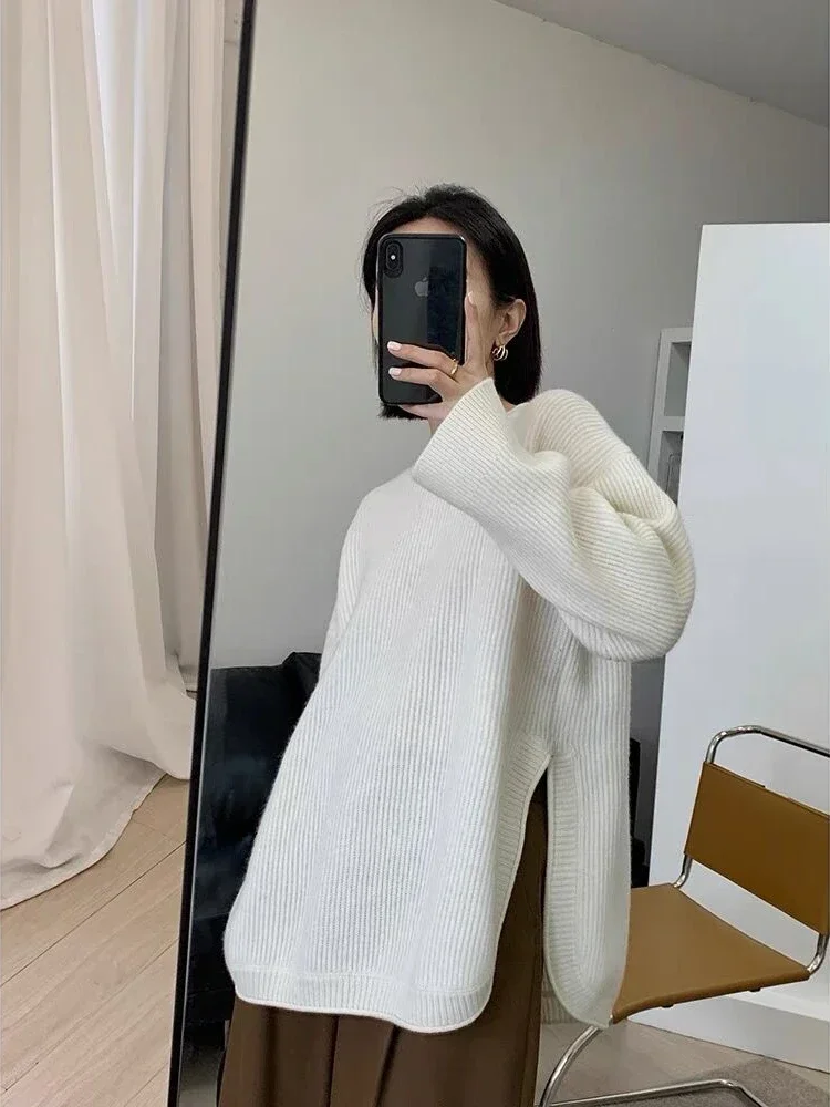 Vintage Sweater Side Fork Thick Loose Middle and Long Oversize Sweater Woman O-Neck Autumn and Winter Fashion Knitted Pullover