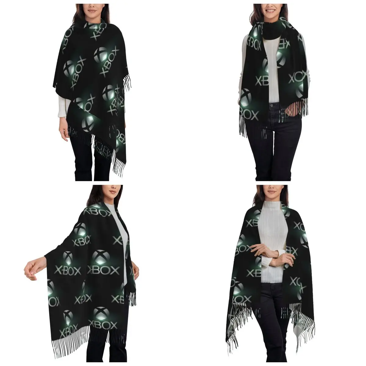 وشاح بشعار Xbox باللون الأخضر وشاح شرابة للنساء شالات دافئة ناعمة ويلتف شال طويل للخريف والشتاء #2