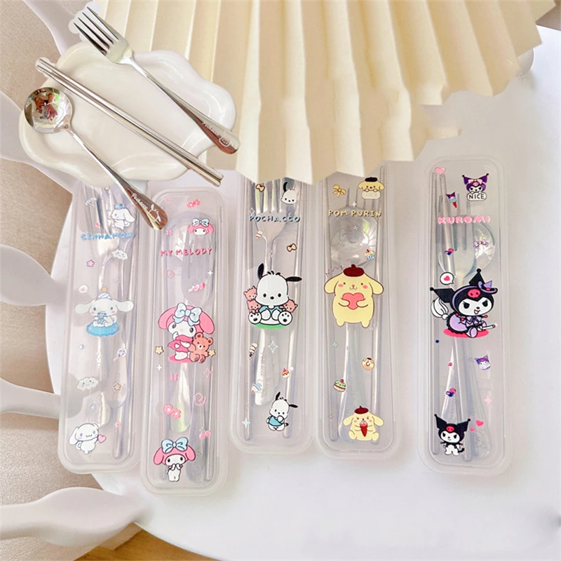 

Sanrio Cinnamoroll Spoon Fork Chopsticks Kids Kawaii Anime My Melody Three Piece Tableware Set Portable Cute Toys Gifts for Kids