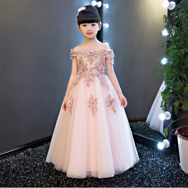 Glizt Girls Shoulderless Wedding Dress Bead Appliques Party Tulle Princess Birthday Dresses First Communion Gown For Girls