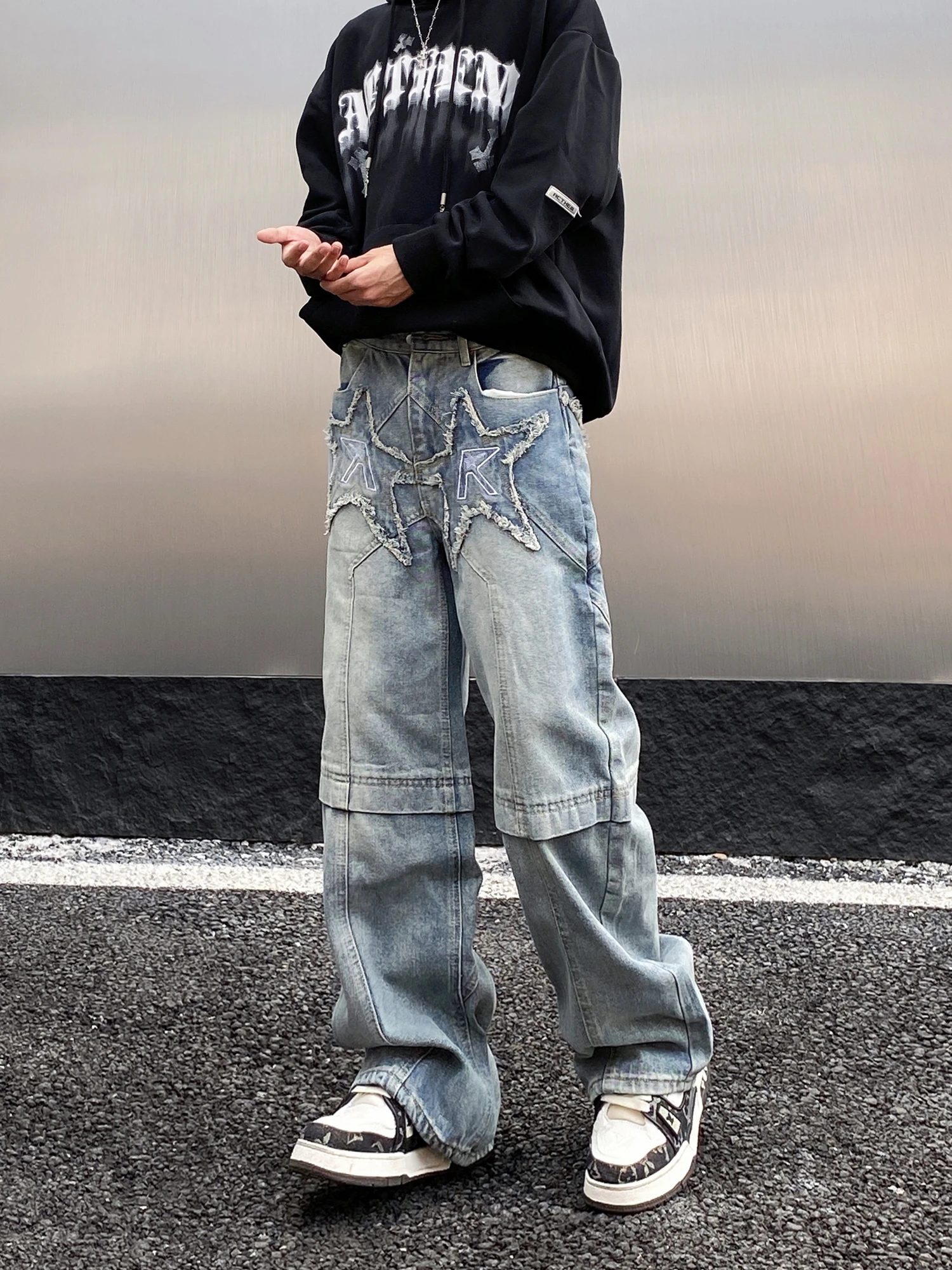الرجعية الأمريكية Waed ممزق المطرزة الجينز الرجال فضفاض مستقيم واسعة الساق الثقيلة الهيب هوب شارع العليا السراويل جينز غير رسمي #5