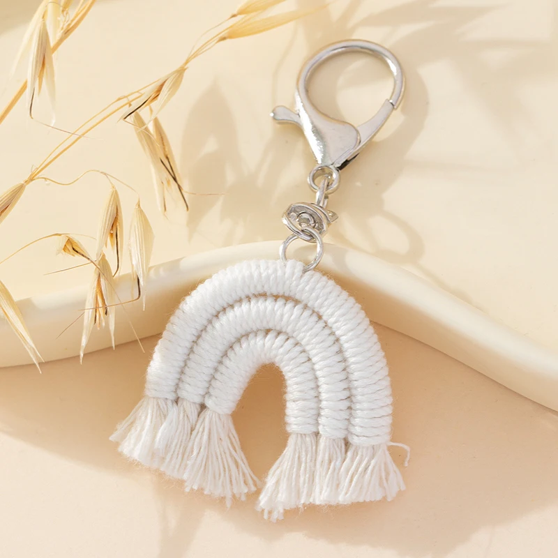 Fashion Three Color Rainbow Key Chain Pretty Tassels Pendant Knitted Rainbow Keychain Sweet Cute Handmade Woven Key Ring Women