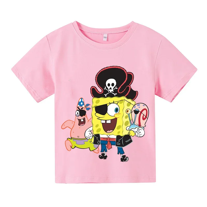 2024 Kids Fashion Summer Cotton T-shirt Cartoon SpongeBob Squarepants Kids Short sleeve Sweatshirt boys girls top