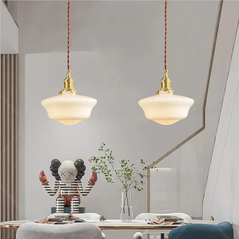 

【Fashionable】Creative Milky White Glass LED Pendant Lamp Kitchen Living Room Bedroom Restaurant Bar Copper Chandelier Modern Hom