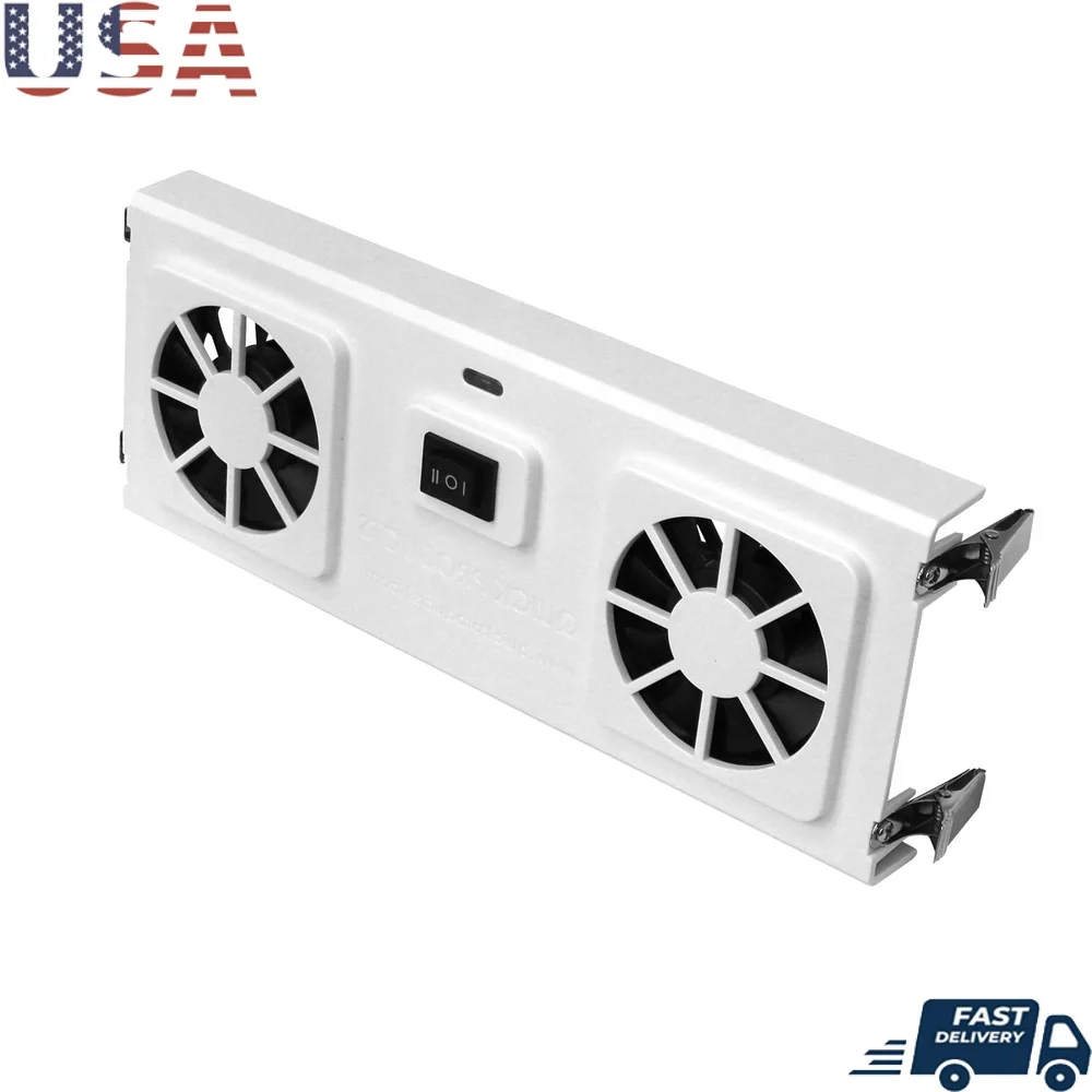

12V RV Refrigerator Fan High-Volume Airflow Frost Prevention Easy On Off Switch Circulates Cool Air Clips Included Installation