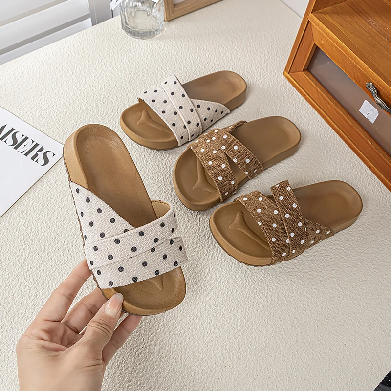 

Mumoresip Kids Trendy Slippers Summer Polka Dot Cross Strap Girls Outdoor Shoes Causal Non-slip Children Fashion Beach Slippers