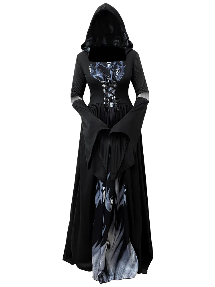 

Halloween Witch Dress Hooded Skeleton Witch Mage Cosplay Stage Performance Costume