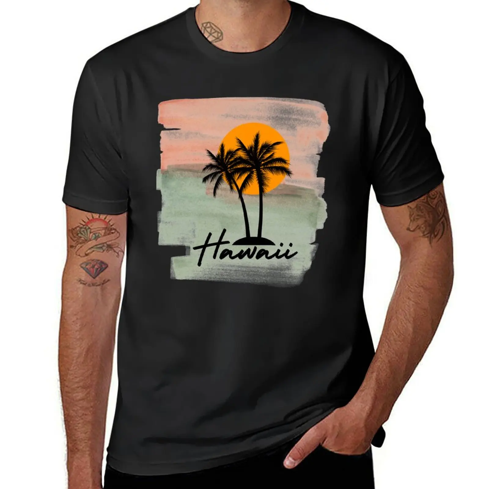 

Hawaii - Palm Tree Watercolor Sunset T-Shirt kawaii clothes custom t shirt graphics plus size men clothing