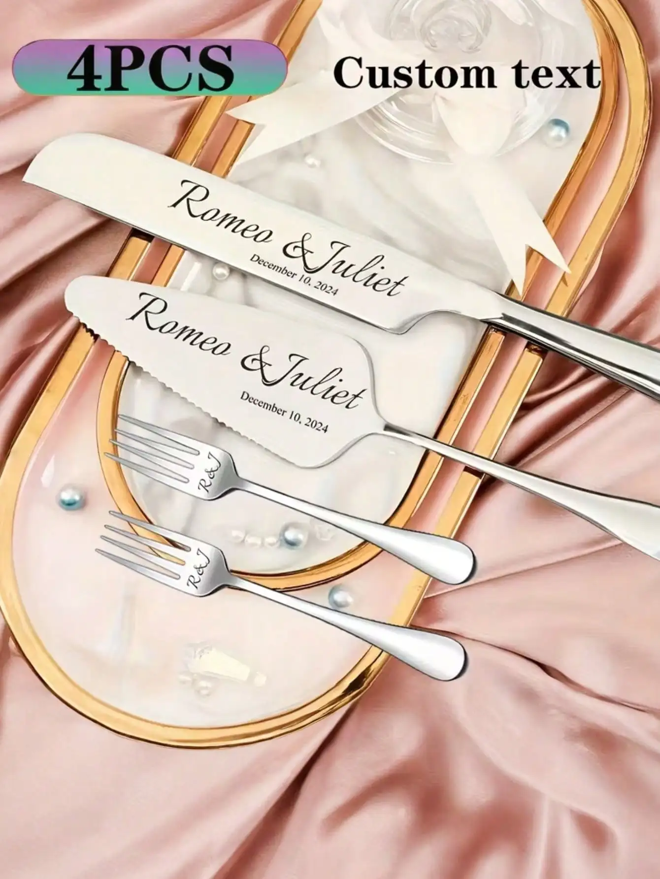 Custom Engraved Stainless Steel Cake Serving Set Personalized Name Date Wedding Anniversary Gift For Couple Newlyweds Valentine