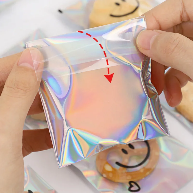 100pcs Snowflake Crisp Cookie Packaging Bag Cute Smiling Face Self-adhesive Bag Laser Transparent Biscuit Bag