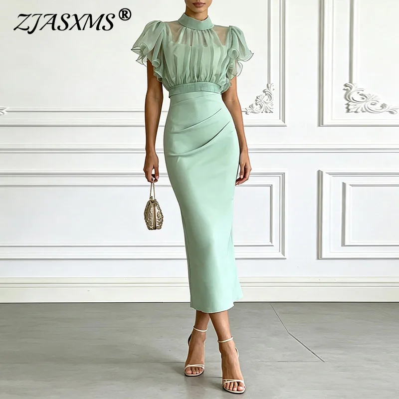 Women Solid 2 Piece Set Stand Collar Ruffle Puff Sleeve Mesh Crop Top & Bodycon Skirt Suits Elegant Wedding Guest Evening Outfit