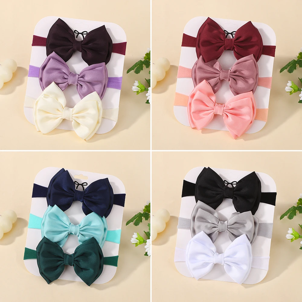 

3Pcs/Set Sweet Solid Color Satin Bowknot Headband for Baby Girls Newborn Soft Elastic Hair Band Infant Headwear Hair Accessories