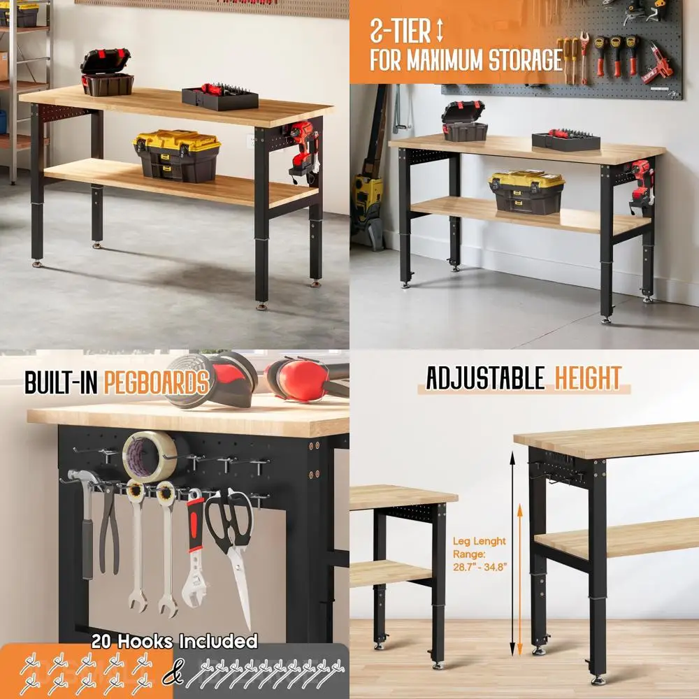 منضدة عمل شديدة التحمل بطبقتين قابلة للتعديل مع 4 منافذ تيار متردد و2 USB، سعة 2000 رطل، قوة صناعية، تصميم مريح