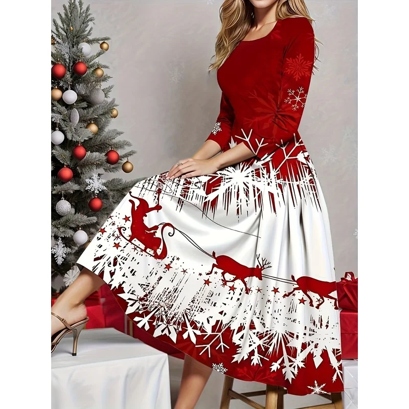 This Year's New Christmas Reindeer Print Casual Long-Sleeve Round-Neck Dress, Suitable for Christmas