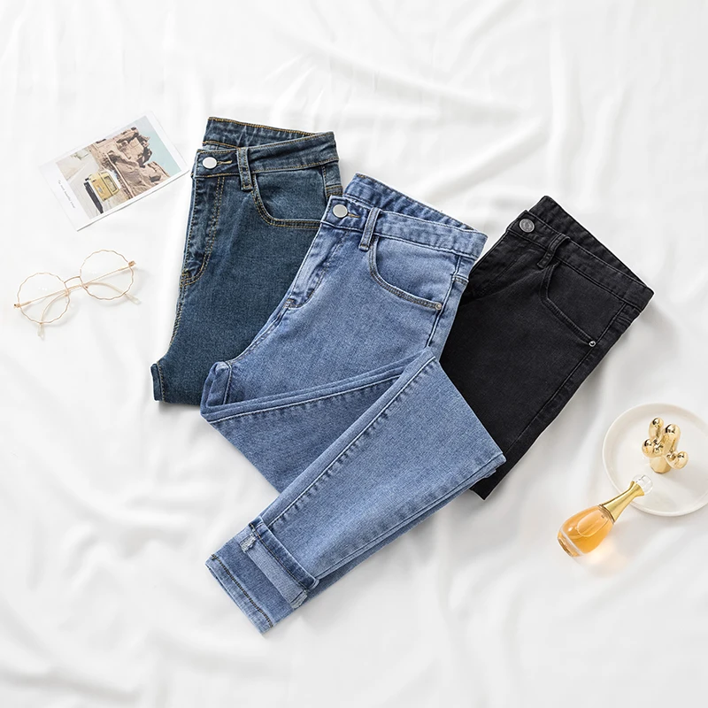 

High Waist Skinny Jeans Women's Blue Nine Points Elastic Slimming High Waist Cotton Stretch Denim Pants Autumn New Arrival