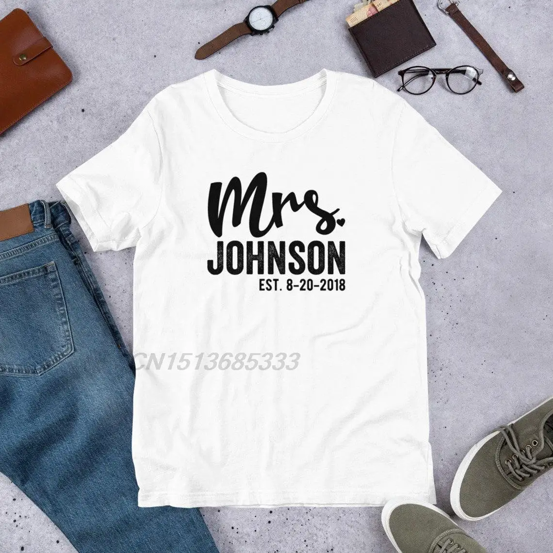 

Mrs.Johnson Mr.Johnson EST 8-20-2018 Women Women Retro T-shirts Unisex Vintage Cotton Tee Shirts Adult Couple Matching TShirts