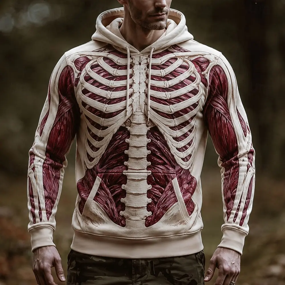Herren Muskel-Physique 3D-Druck Hoodie Langarm Pullover mit Kordelzug und Tasche Neuartige Streetwear Lässiger Kapuzenpullover – Detail 3