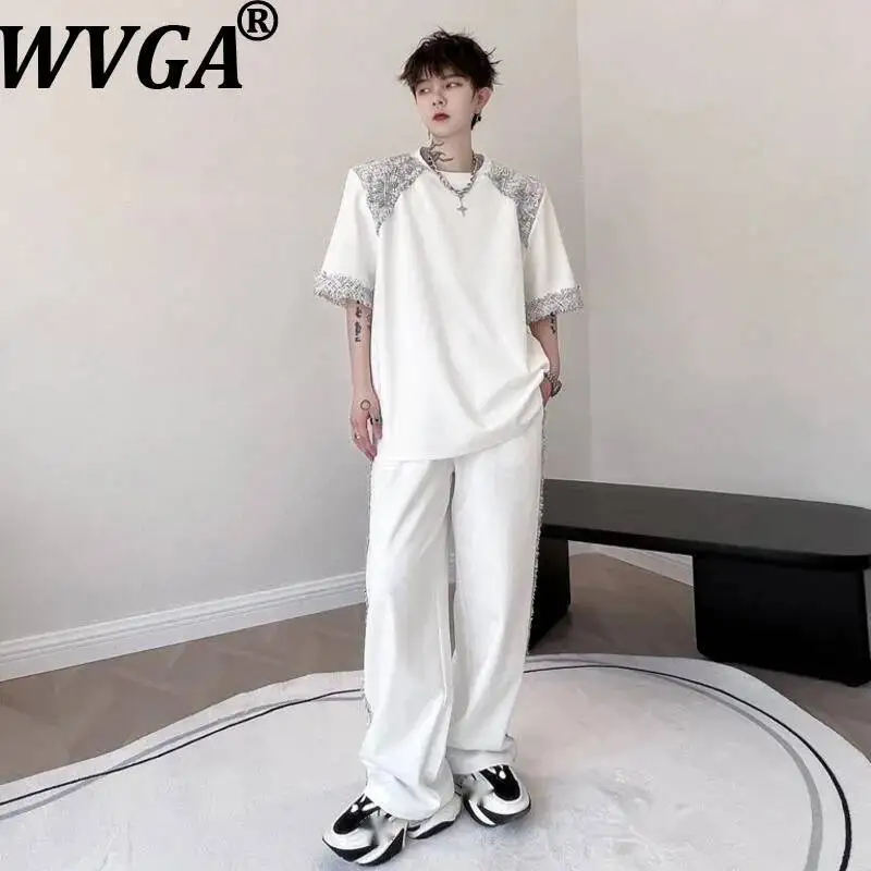 

WVGA 2026 Summer New Men's Patchwork O-Neck Trendy Short Sleeved T-Shirt Niche Chic Casual Straight Pants Two Pieces Sets W24382