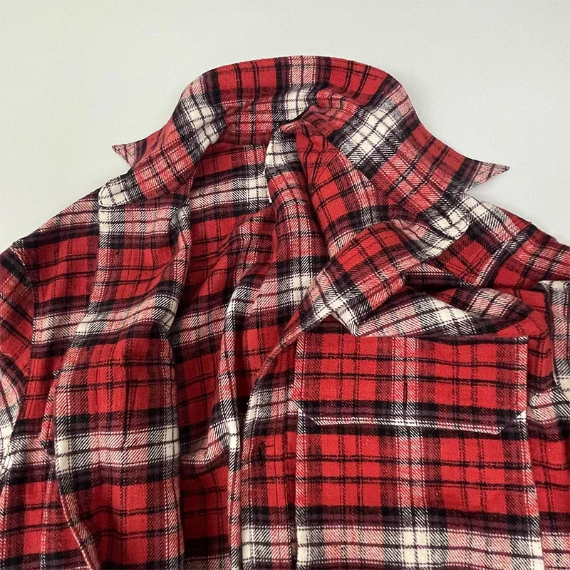 100% Cotton 2021 Autumn New York Rock Design Red and Black Plaid Flannel Big Pocket Collage Long Shirt